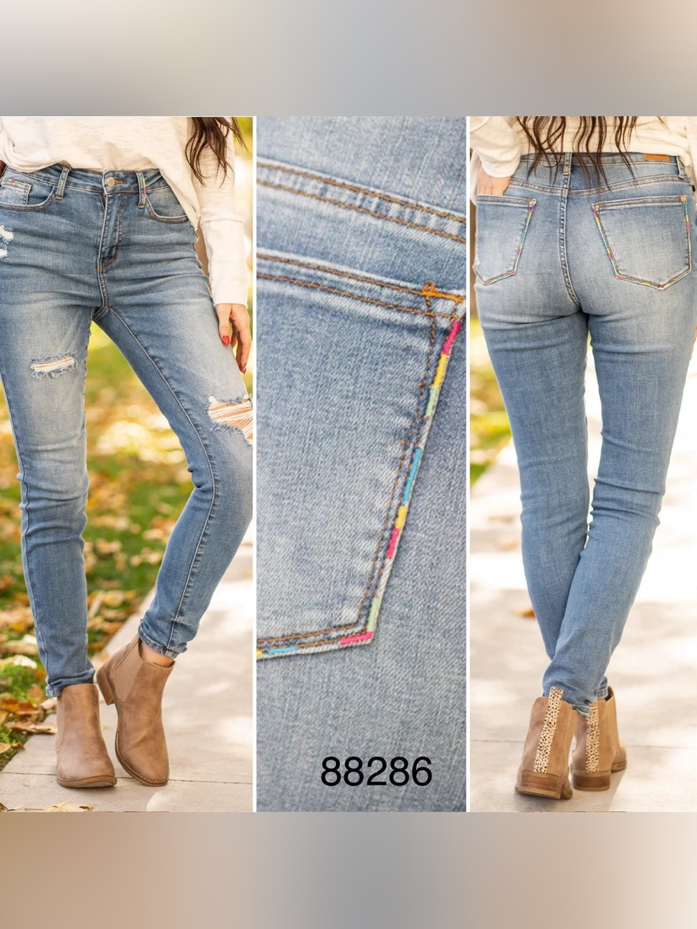 Judy Blue Light Blue Skinny Jeans with Rainbow Pocket Stitching